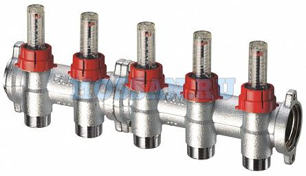 Фланцевый запорный коллектор 1" , отв. 2 - 3/4" EUROKONUS, с расходомер.